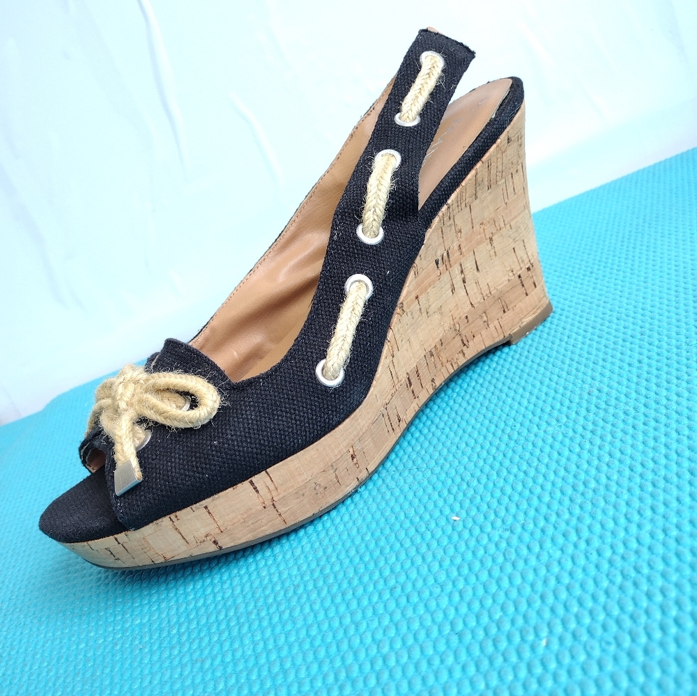 Franco Sarto SCliFF Wedge Canvas Cork Platform Sling Back Sandals Peep Toe Sz 9